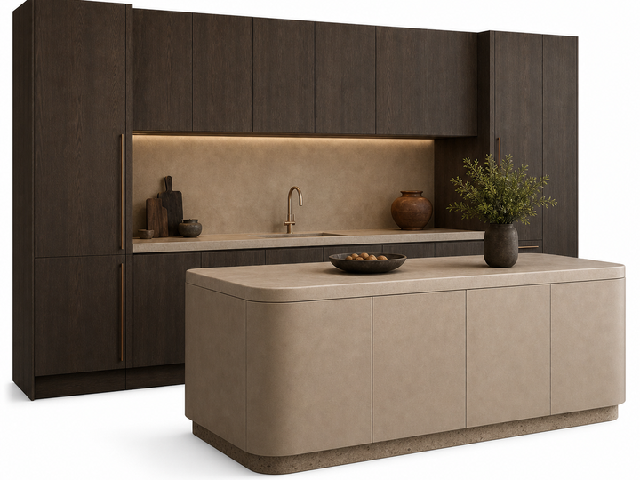 Fadior Meridian Kitchen Suite with Staron Cove Prep Island — 304 stainless steel kitchen system, front view