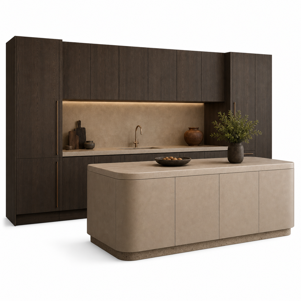 Fadior Meridian Kitchen Suite with Staron Cove Prep Island — 304 stainless steel kitchen system, front view