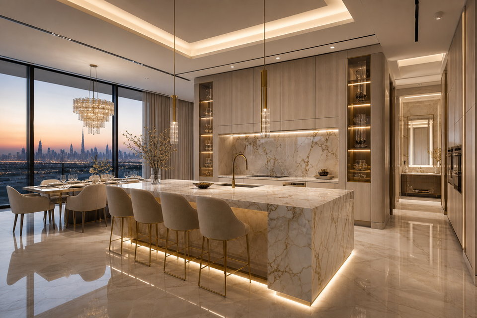 Fadior Dubai 350 m² Kitchen Bath Villa — isla de mármol, ventanal al skyline, mesa de comedor, vanity corridor, travertine floor