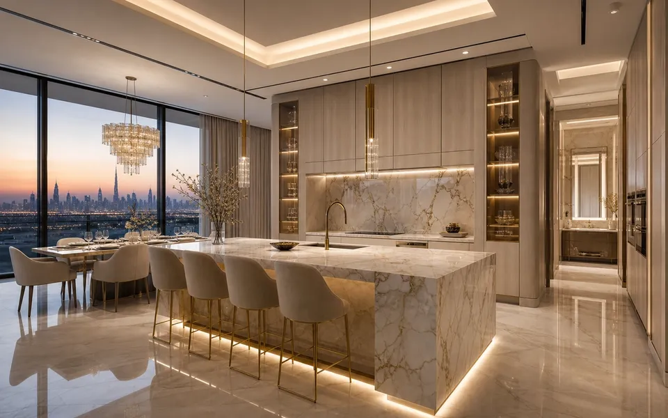Fadior Dubai 350 sqm Kitchen Bath Villa — marble island, skyline window, dining table, vanity corridor, travertine floor — 304 stainless steel cabinetry installation by Fadior