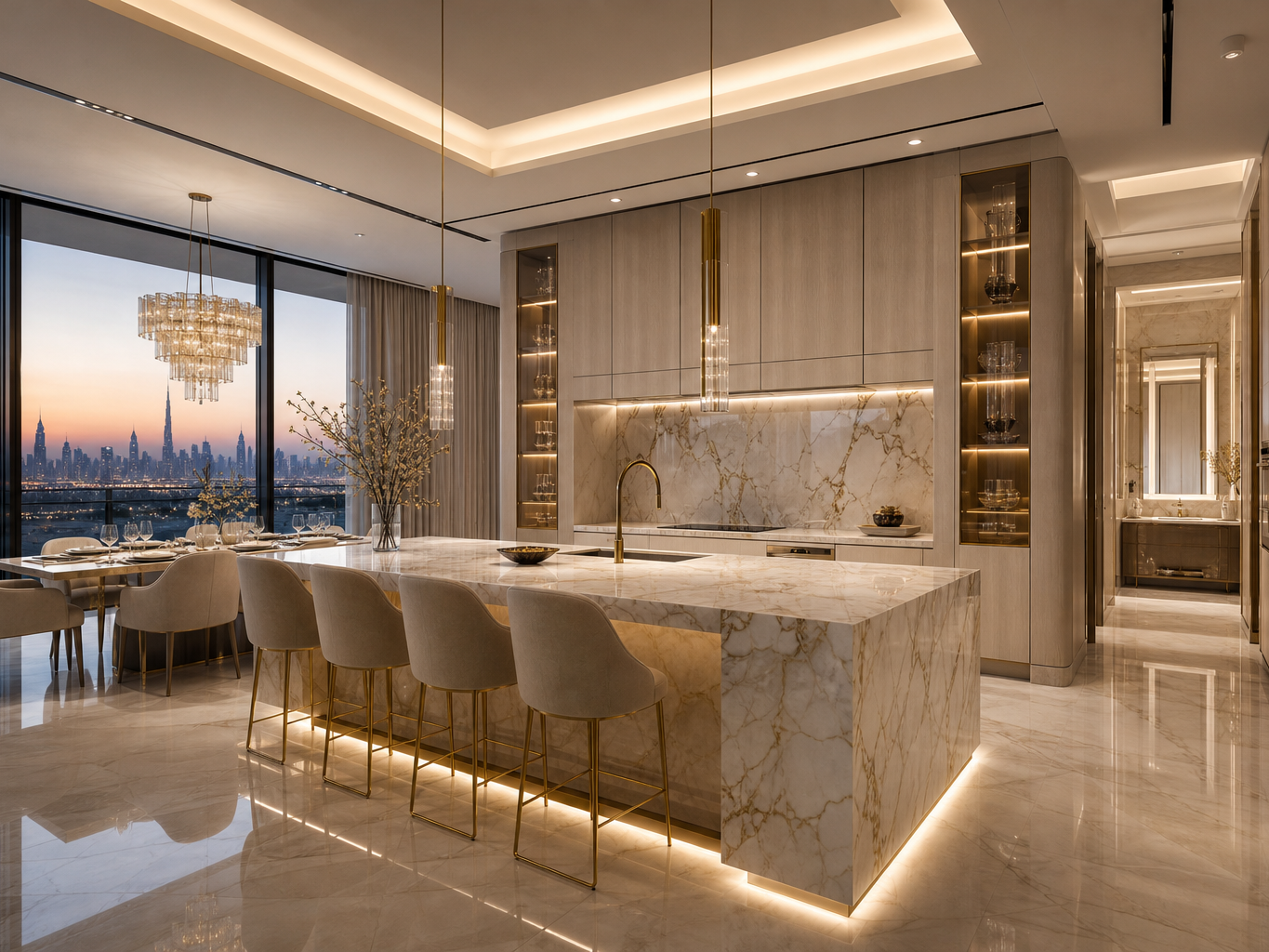Fadior Dubai 350 sqm Kitchen Bath Villa — marble island, skyline window, dining table, vanity corridor, travertine floor