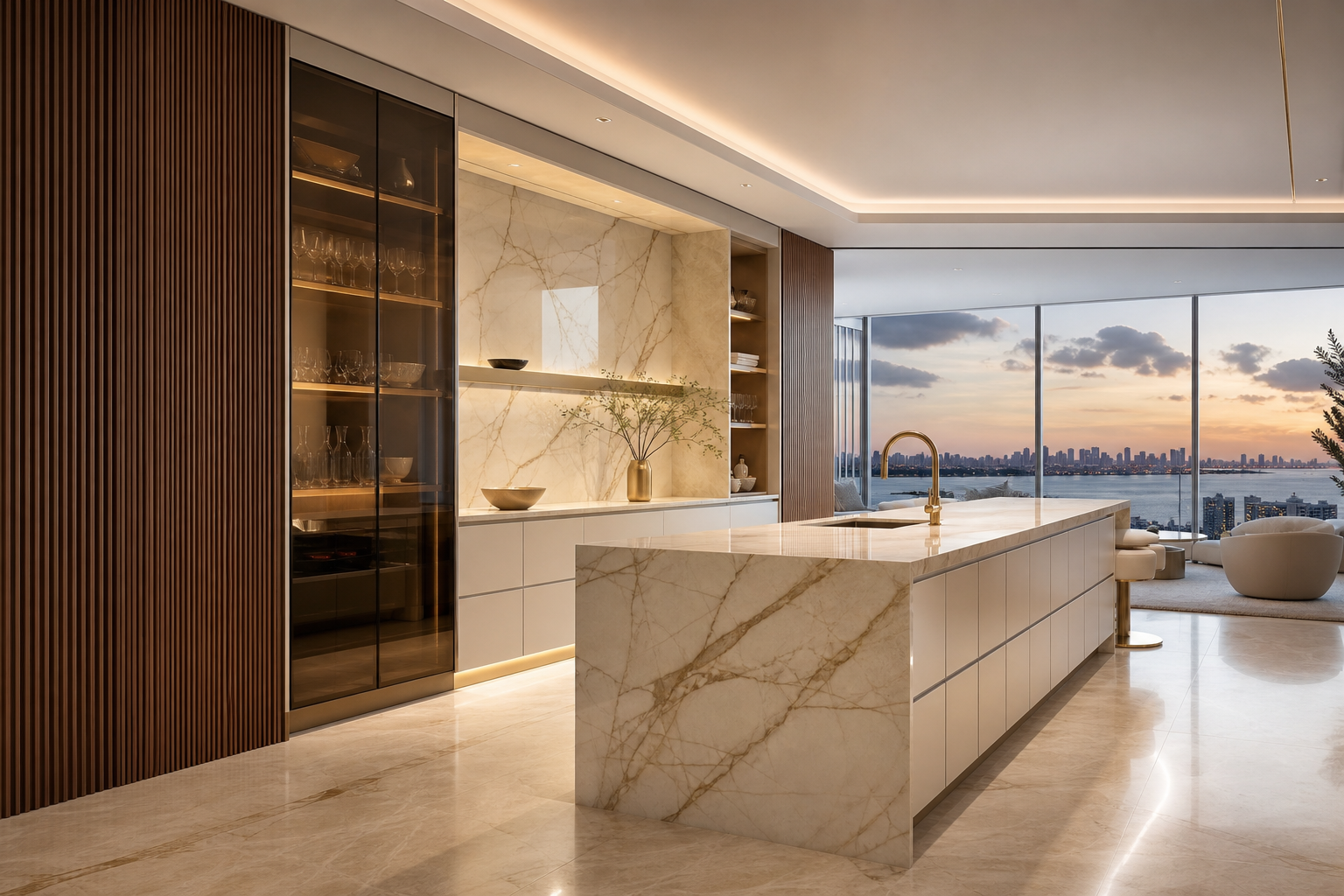 Fadior Miami 120 sqm Kitchen Apartment — Miami finish study with cabinet face, marble counter, travertine floor, walnut panel, tinted glass, and champagne highlight