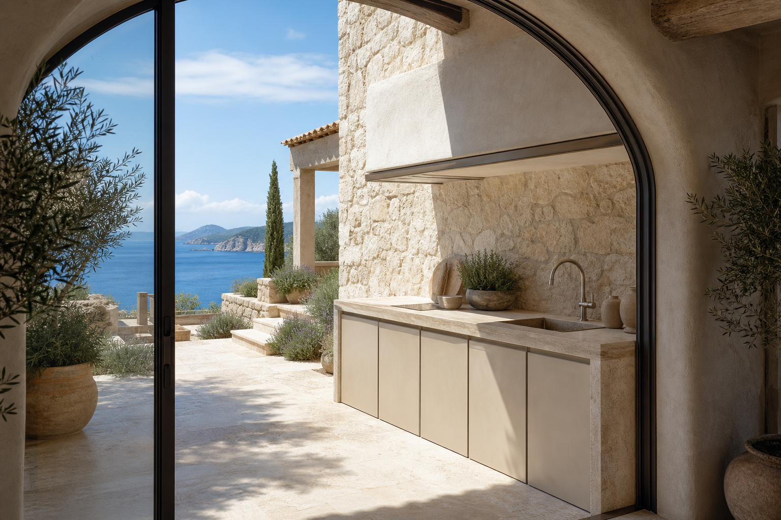 Fadior Vantage Outdoor Kitchen Suite with Canopy Rinse Hearth — interior room context showing cabinet integration