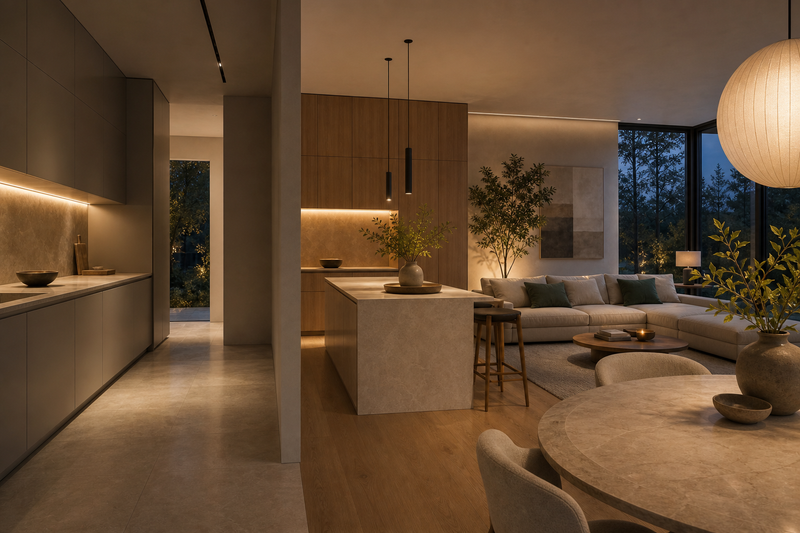 Lifestyle context: an open-plan kitchen and dining room with muted cabinetry, oak accents, and quiet evening hospitality.