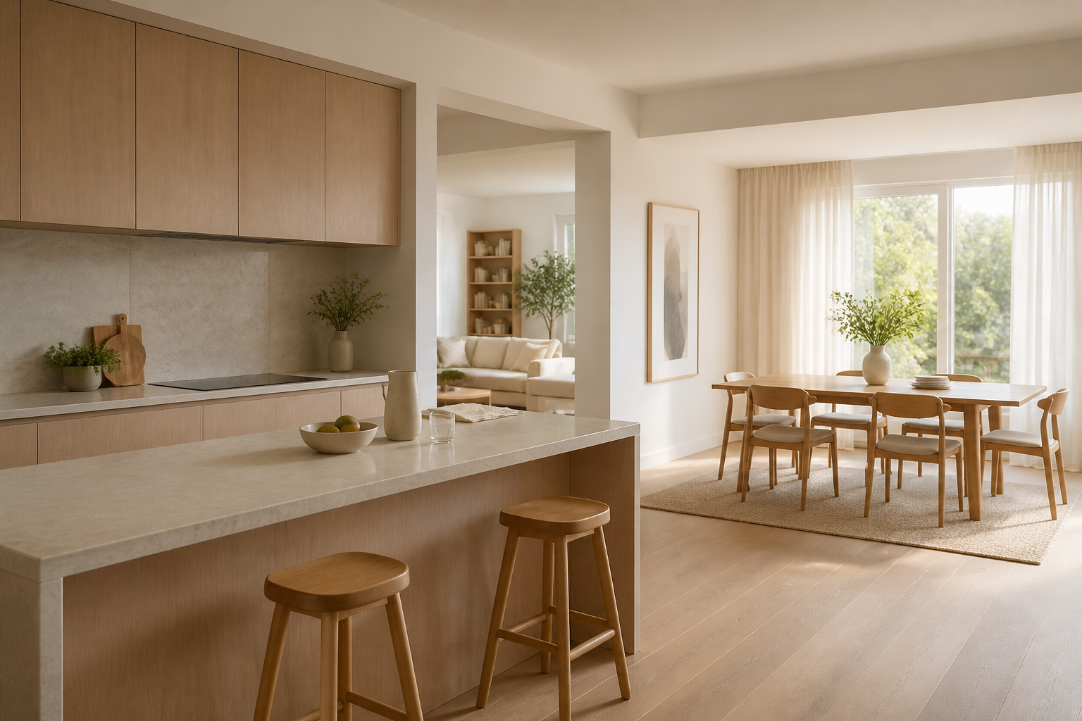 Fadior Minimalist kitchen and dining scene using soft light and measured contrast to compare calm surfaces with visually busy