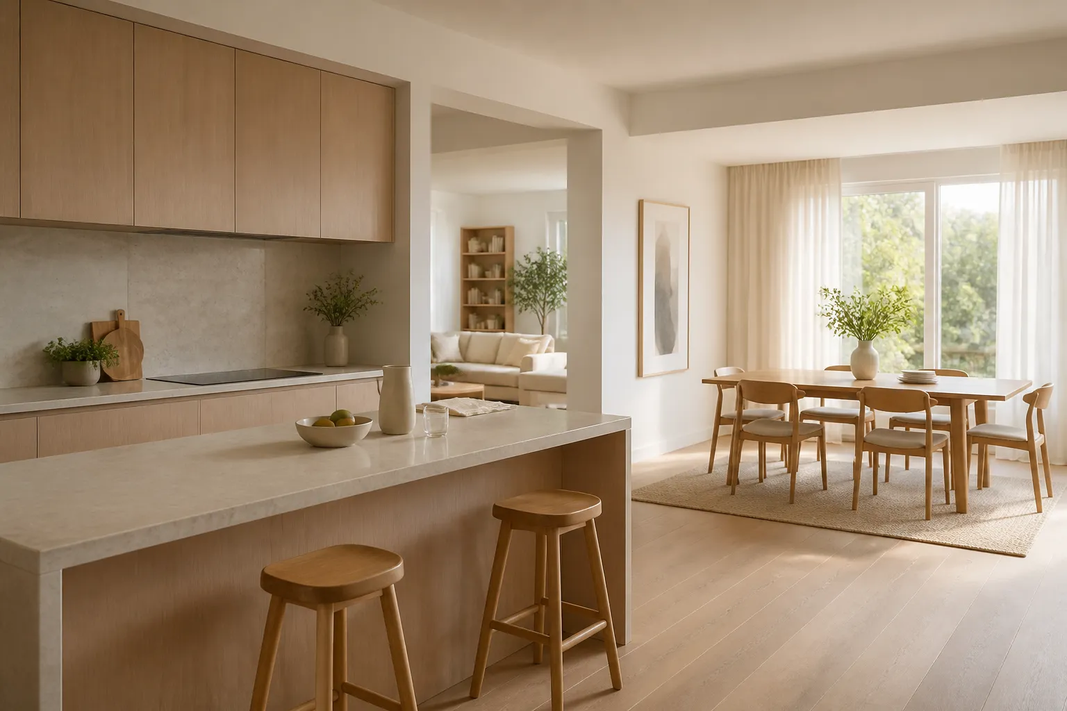 Fadior Minimalist kitchen and dining scene using soft light and measured contrast to compare calm surfaces with visually busy