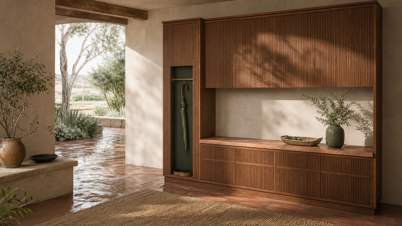 Fadior Loggia Entryway Suite with Umbrella Shadow Niche — lifestyle setting with natural light and residential styling