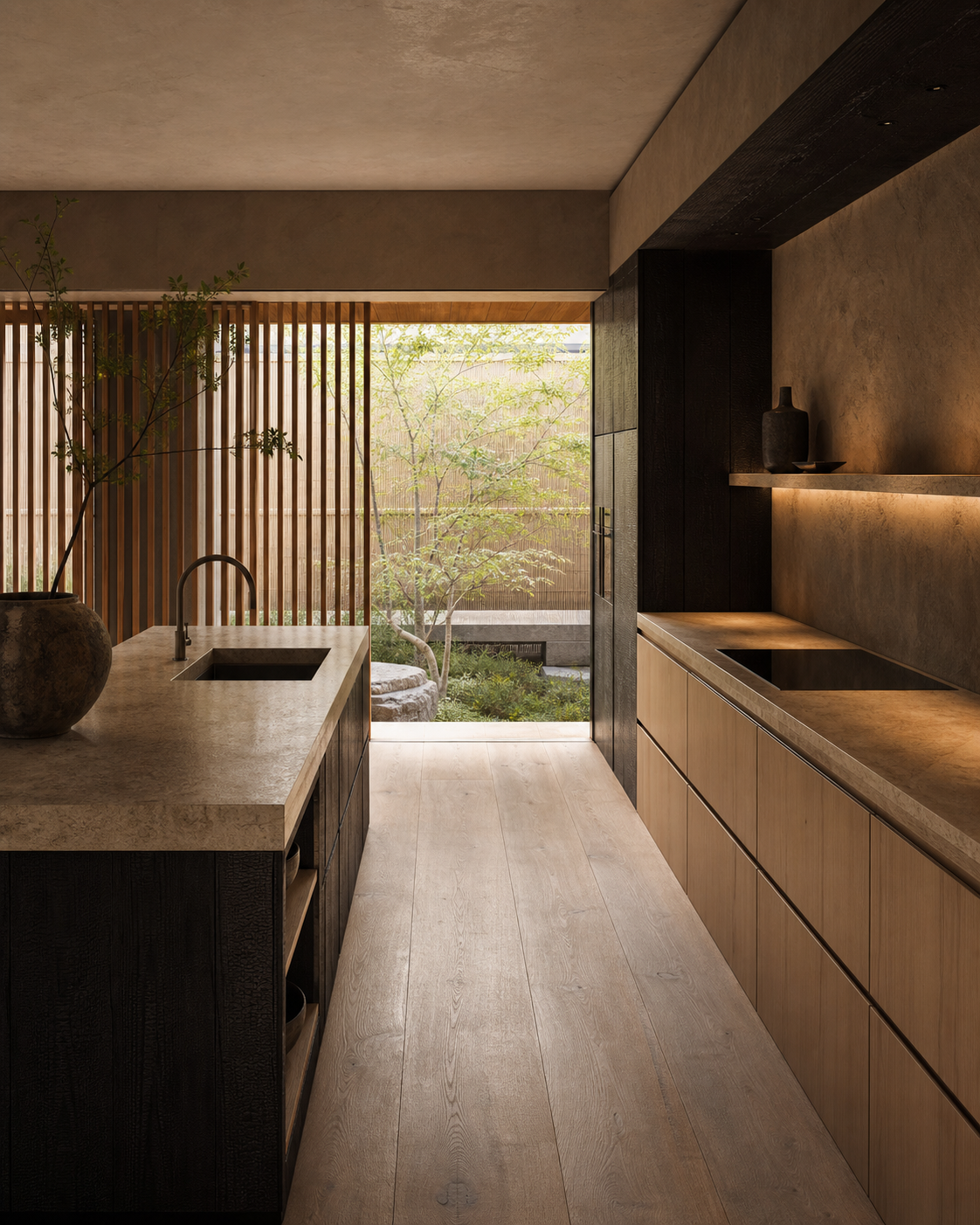 Fadior Osaka 650 sqm Kitchen Villa - stone counter, sink, cabinet wall, courtyard screen