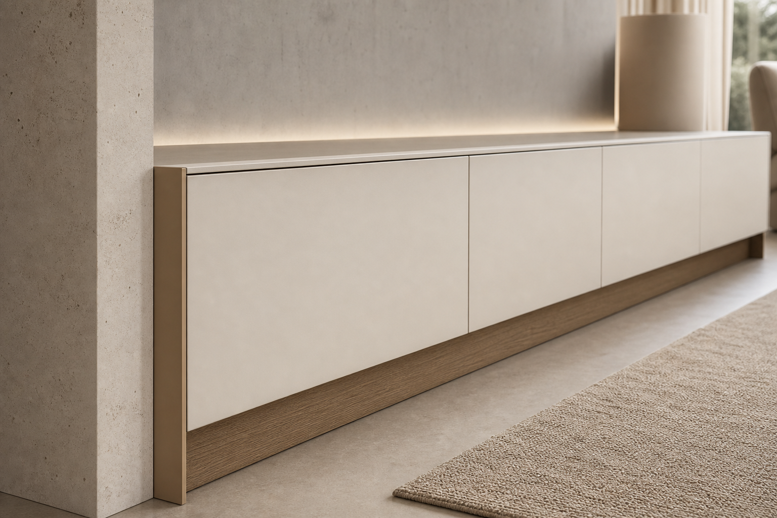 Fadior Silvan Living Room Suite with Lowline Media Hearth — close-up of stainless steel finish and hardware detail