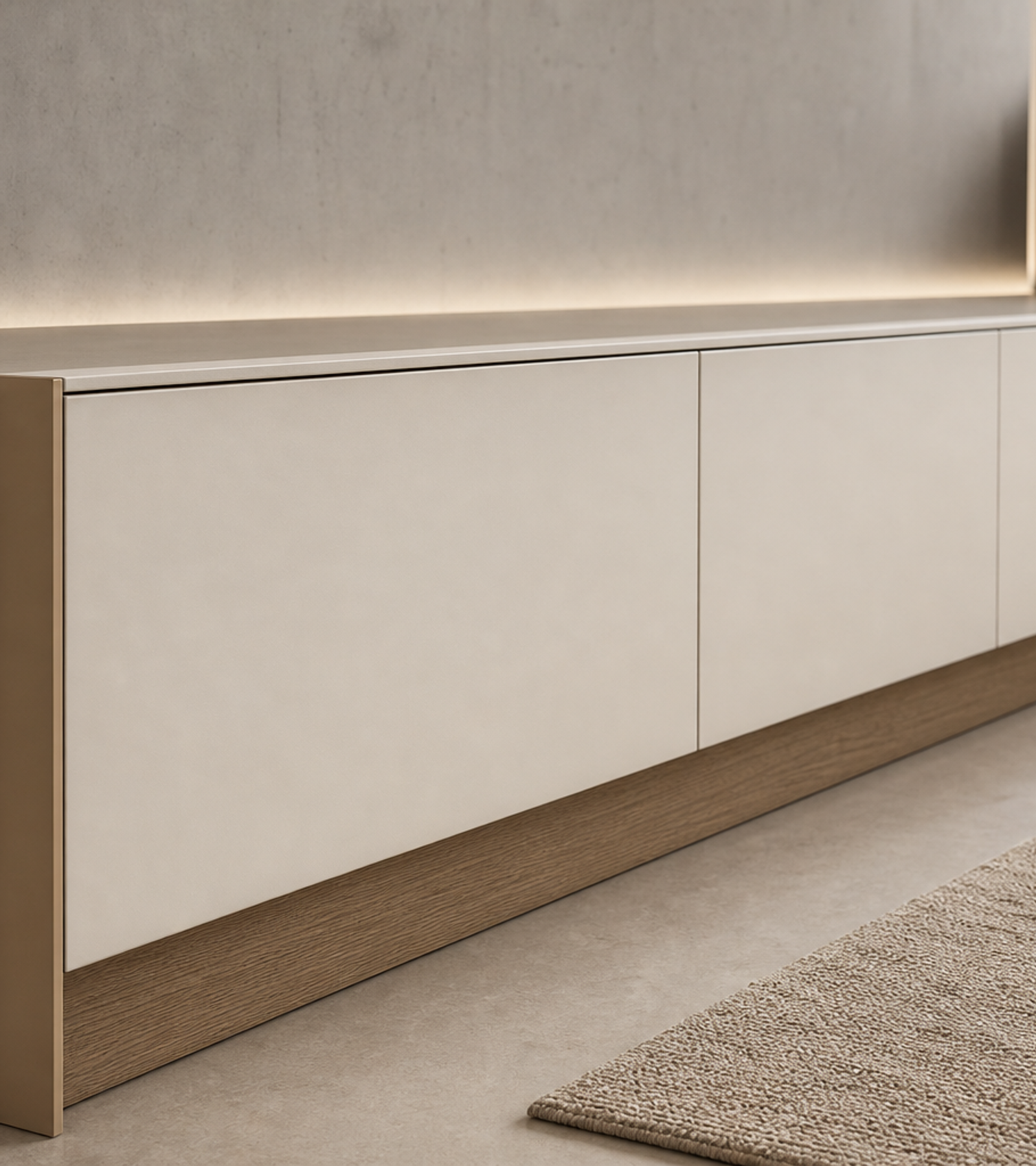 Fadior Silvan Living Room Suite with Lowline Media Hearth — close-up of stainless steel finish and hardware detail