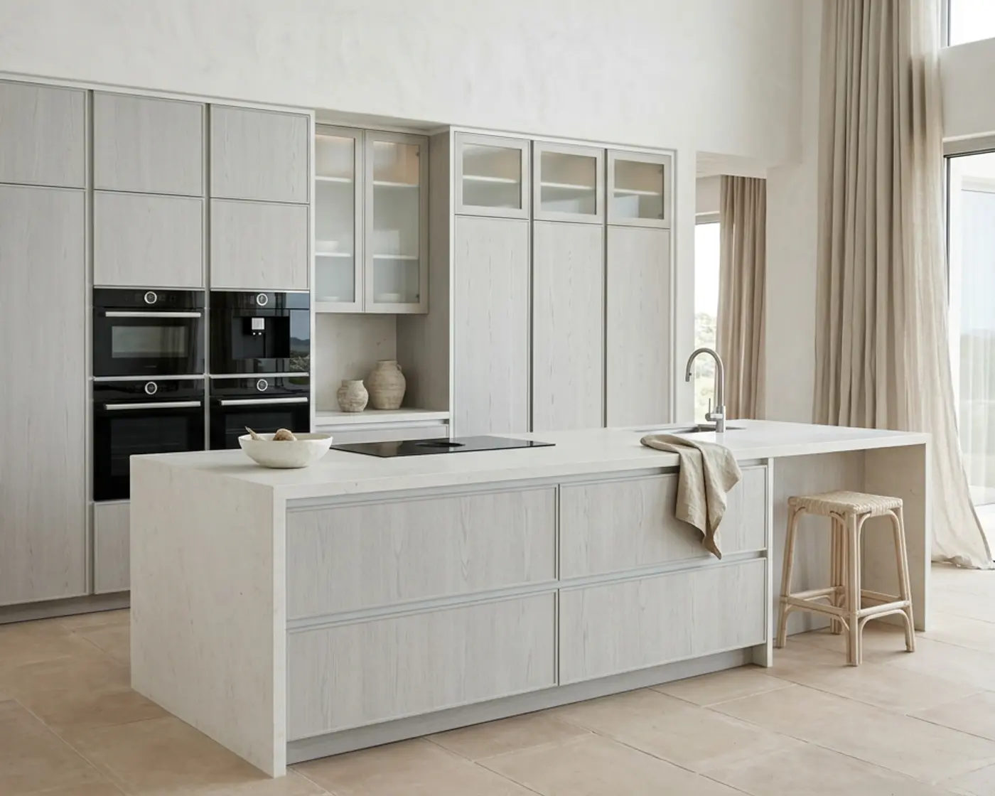 Fadior 304 stainless steel kitchen with smoked bronze tall cabinets, marble island, and integrated appliances