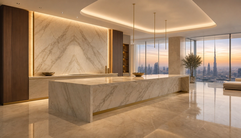 Luminous Gulf villa kitchen atmosphere for Dubai finish specification planning. — 304 stainless steel cabinetry editorial by Fadior