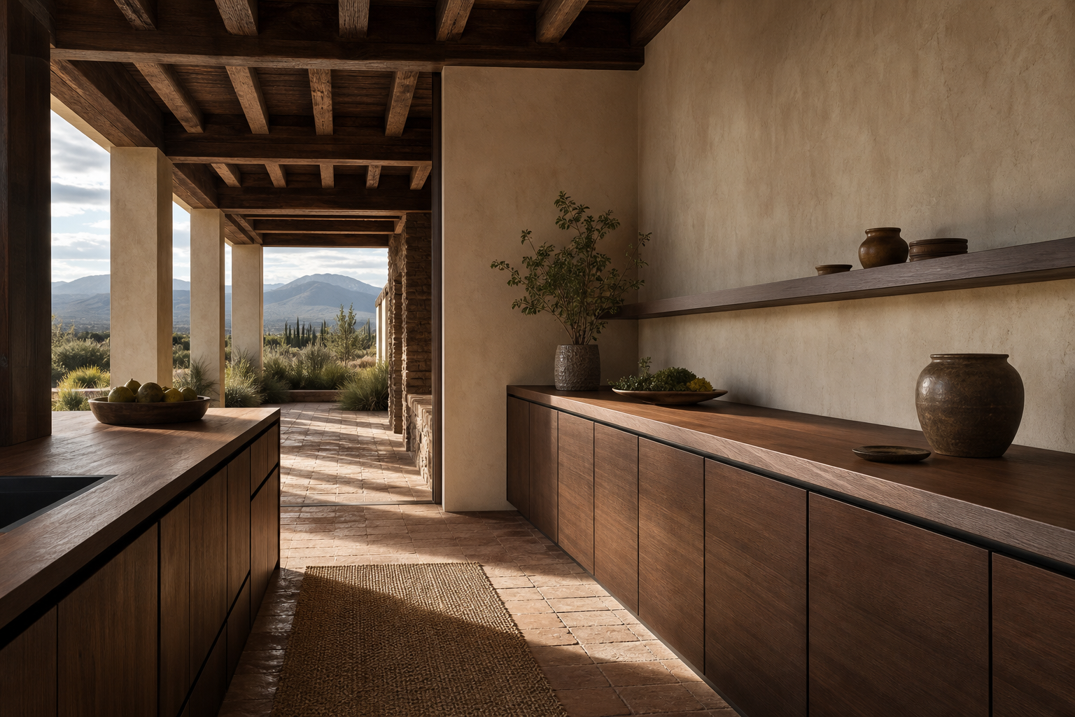 Fadior Solace Kitchen Suite with Floating Shelf Prep Wall — interior room context showing cabinet integration