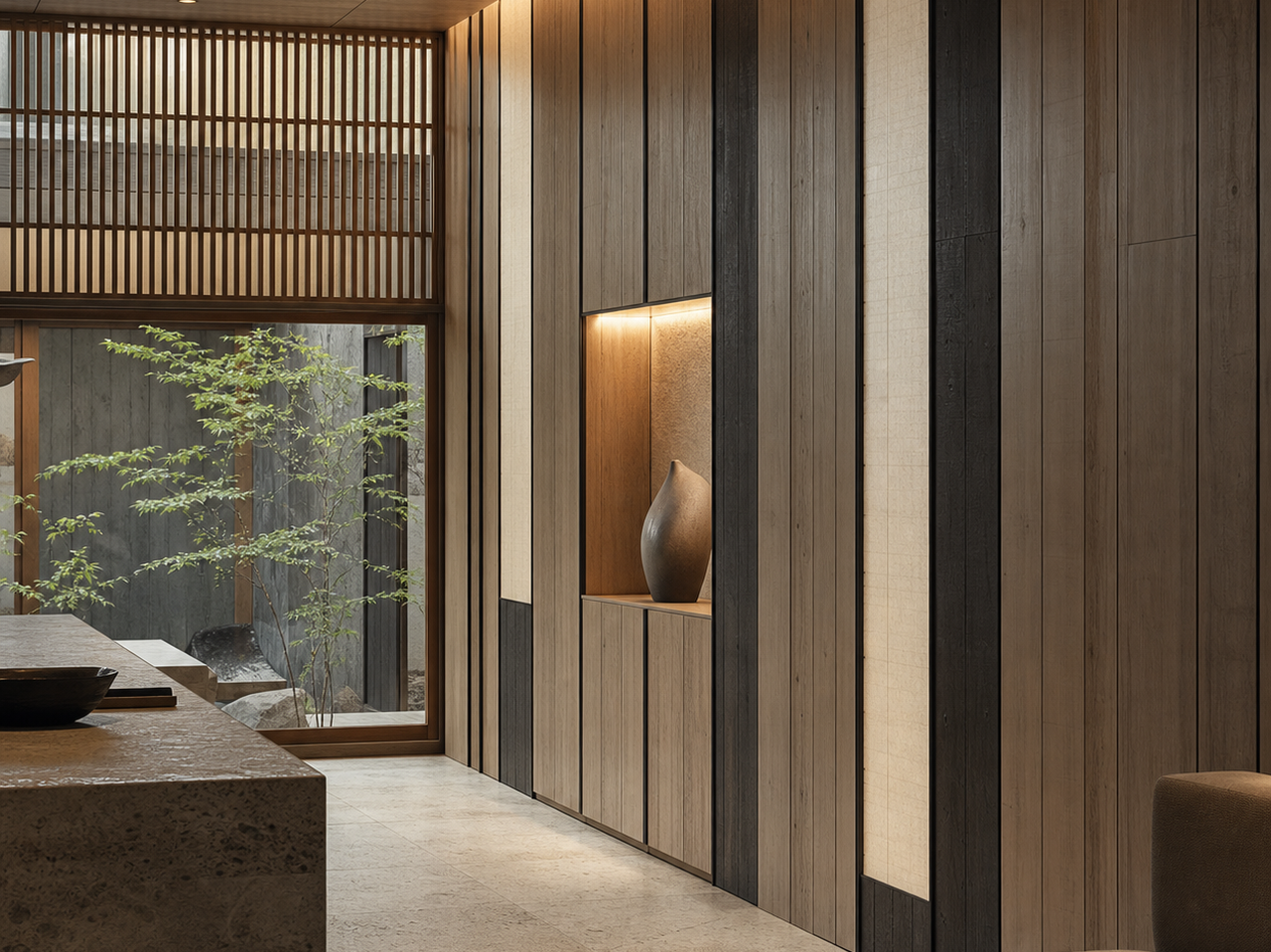 Fadior Terrazzo Wall Panel Suite with Backlit Sculptural Niche — interior room context showing cabinet integration