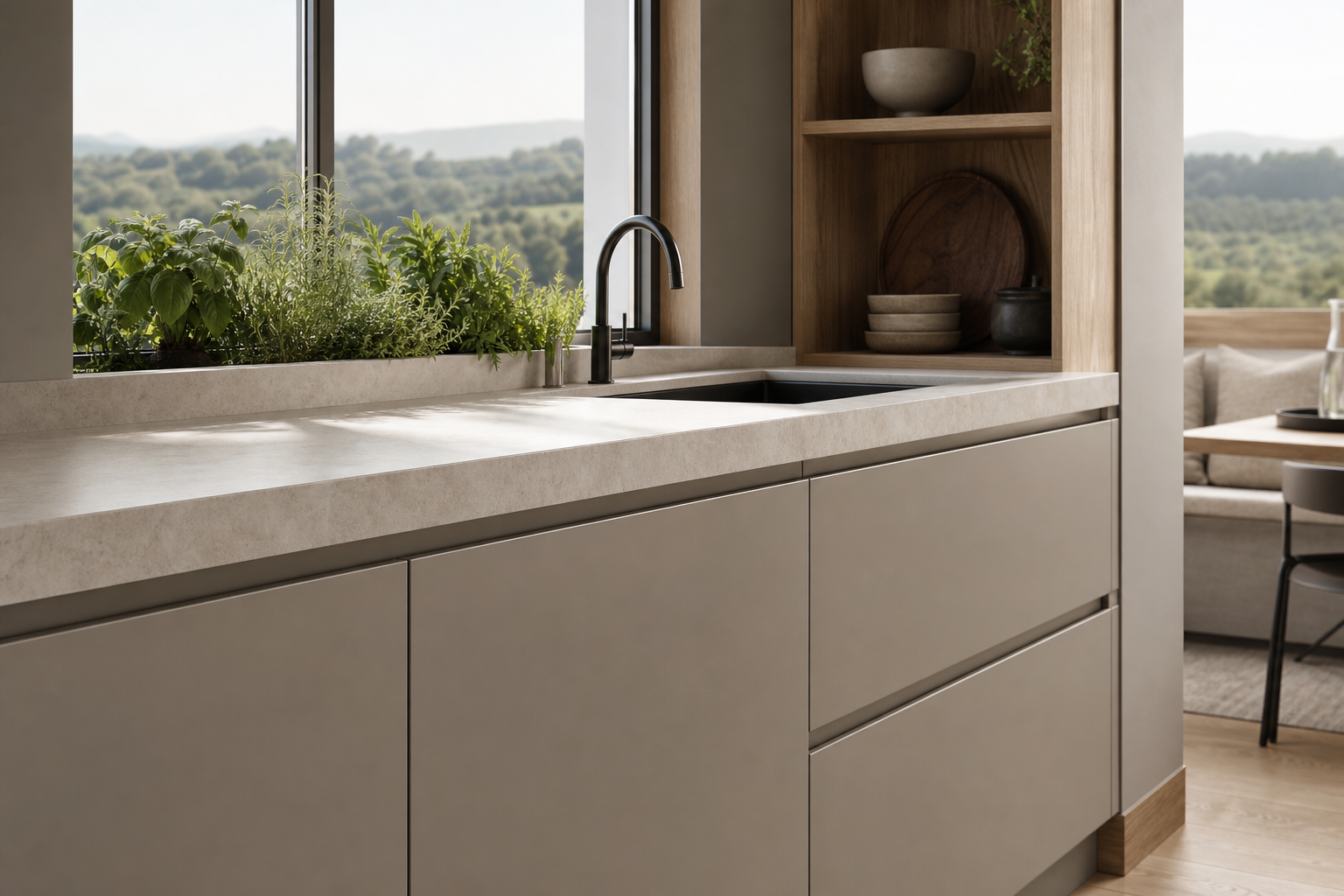 Fadior Dream Home Kitchen Suite with Window Herb Wash Bay — close-up of stainless steel finish and hardware detail