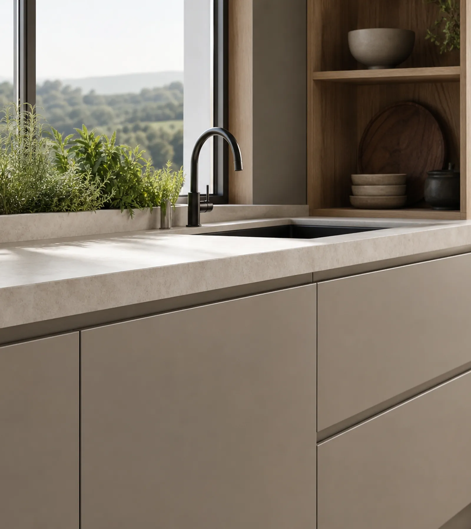 Fadior Dream Home Kitchen Suite with Window Herb Wash Bay — close-up of stainless steel finish and hardware detail