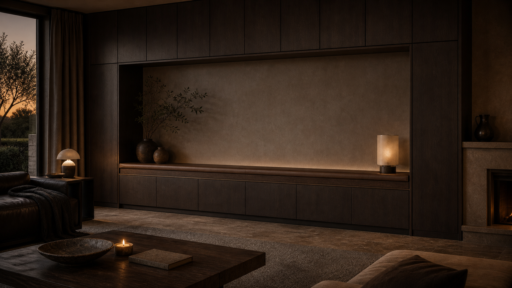 Fadior Patina Living Room Suite with Walnut Listening Rail — lifestyle setting with natural light and residential styling