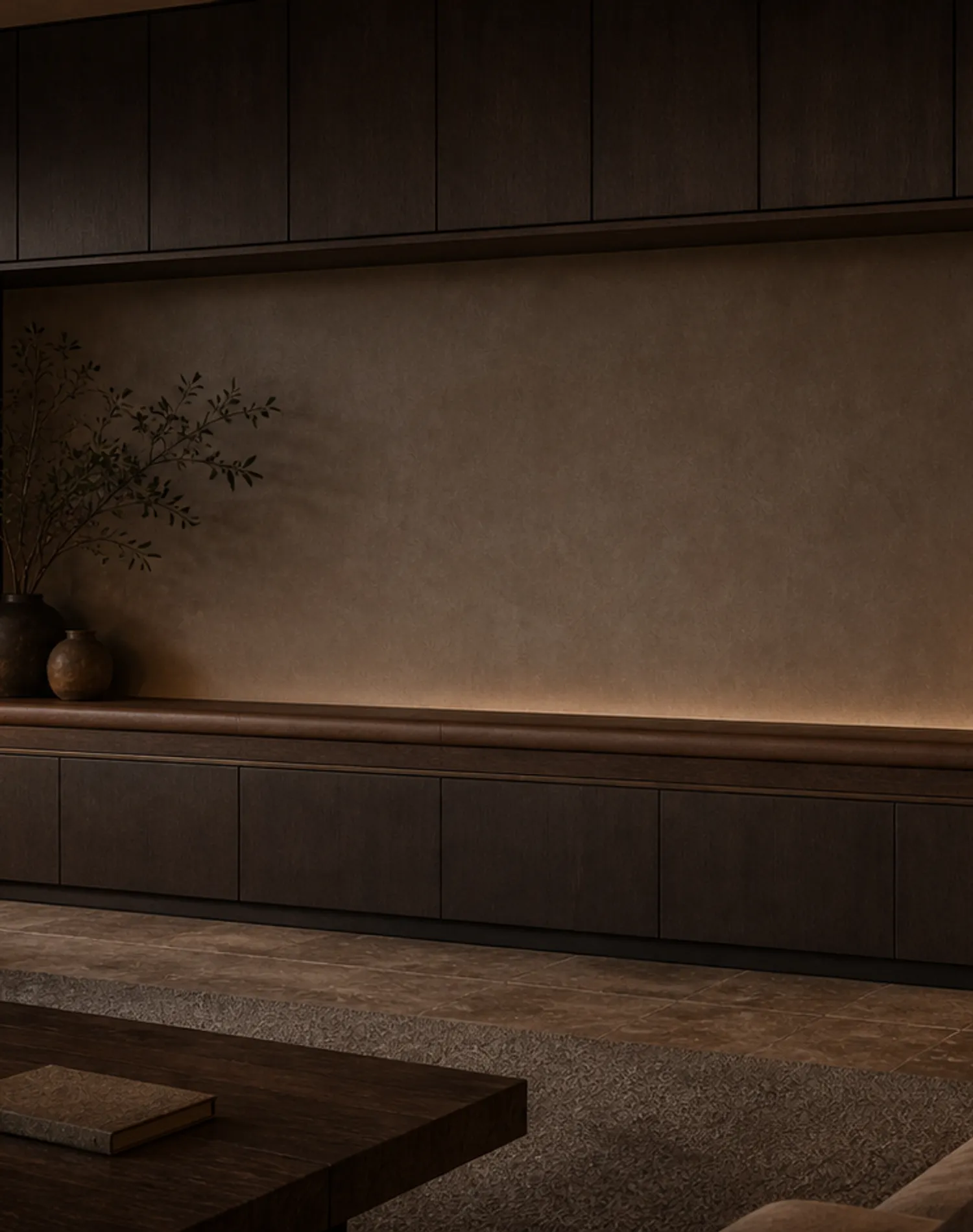 Suite de salón Patina con barra de nogal para escuchar música estudio de adaptación