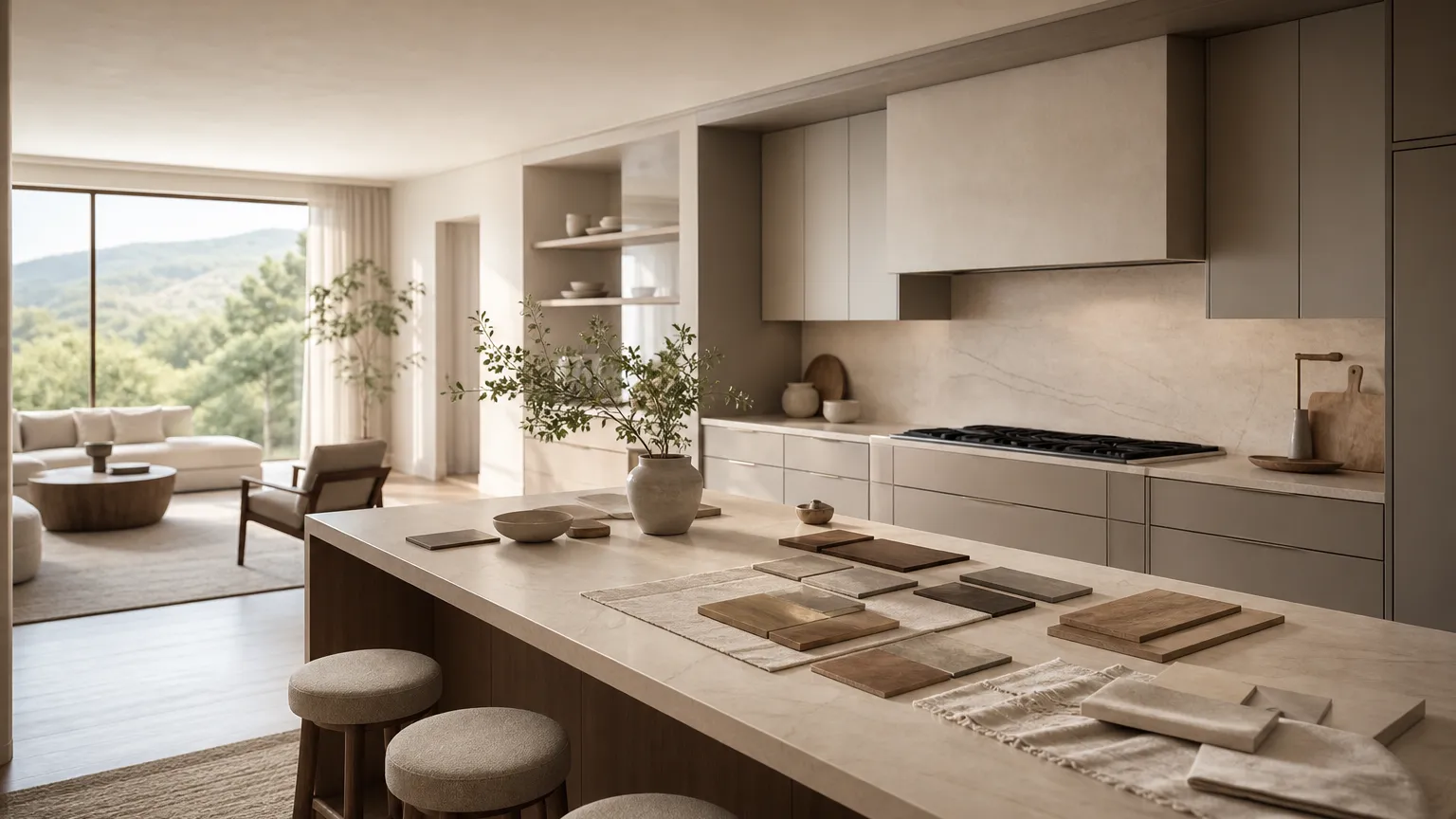 Hero atmosphere: warm grey villa kitchen with breakfast nook arranged for delivery-buffer planning.
