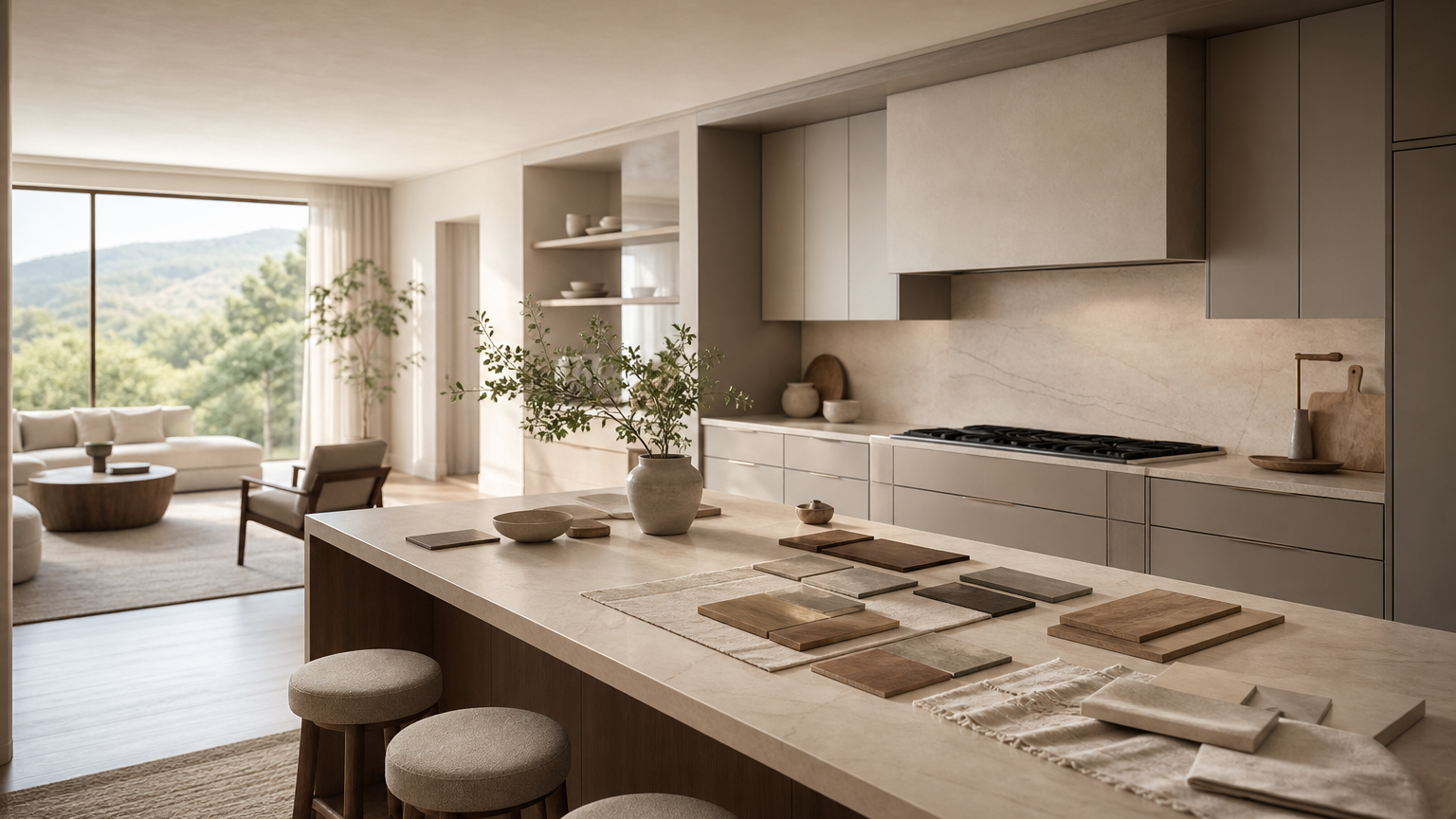 Hero atmosphere: warm grey villa kitchen with breakfast nook arranged for delivery-buffer planning.