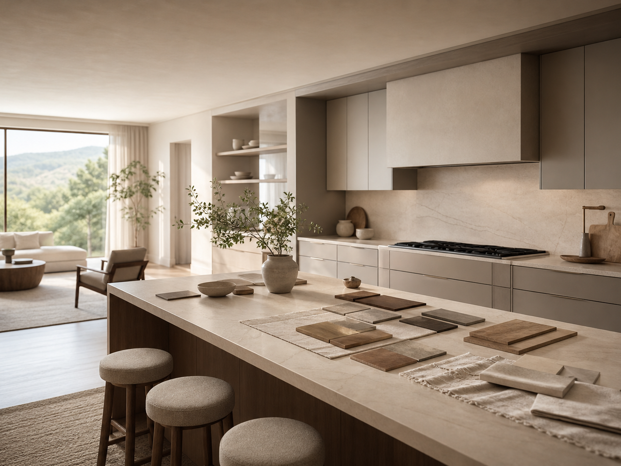 Hero atmosphere: warm grey villa kitchen with breakfast nook arranged for delivery-buffer planning. — 304 stainless steel cabinetry editorial by Fadior