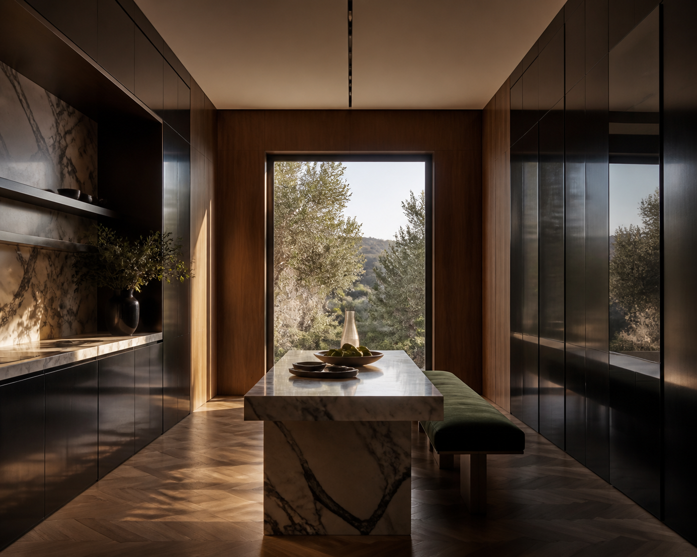 Fadior Athens 450 sqm Kitchen Villa — Fadior Athens pantry room with walnut shelves, stone counter, oak floor,