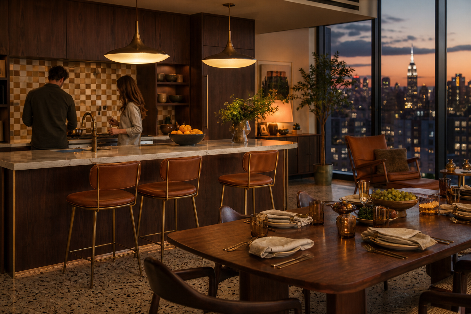 Fadior New York 320 sqm Kitchen Villa — breakfast bar, leather stools, city window, dining table, pendant light