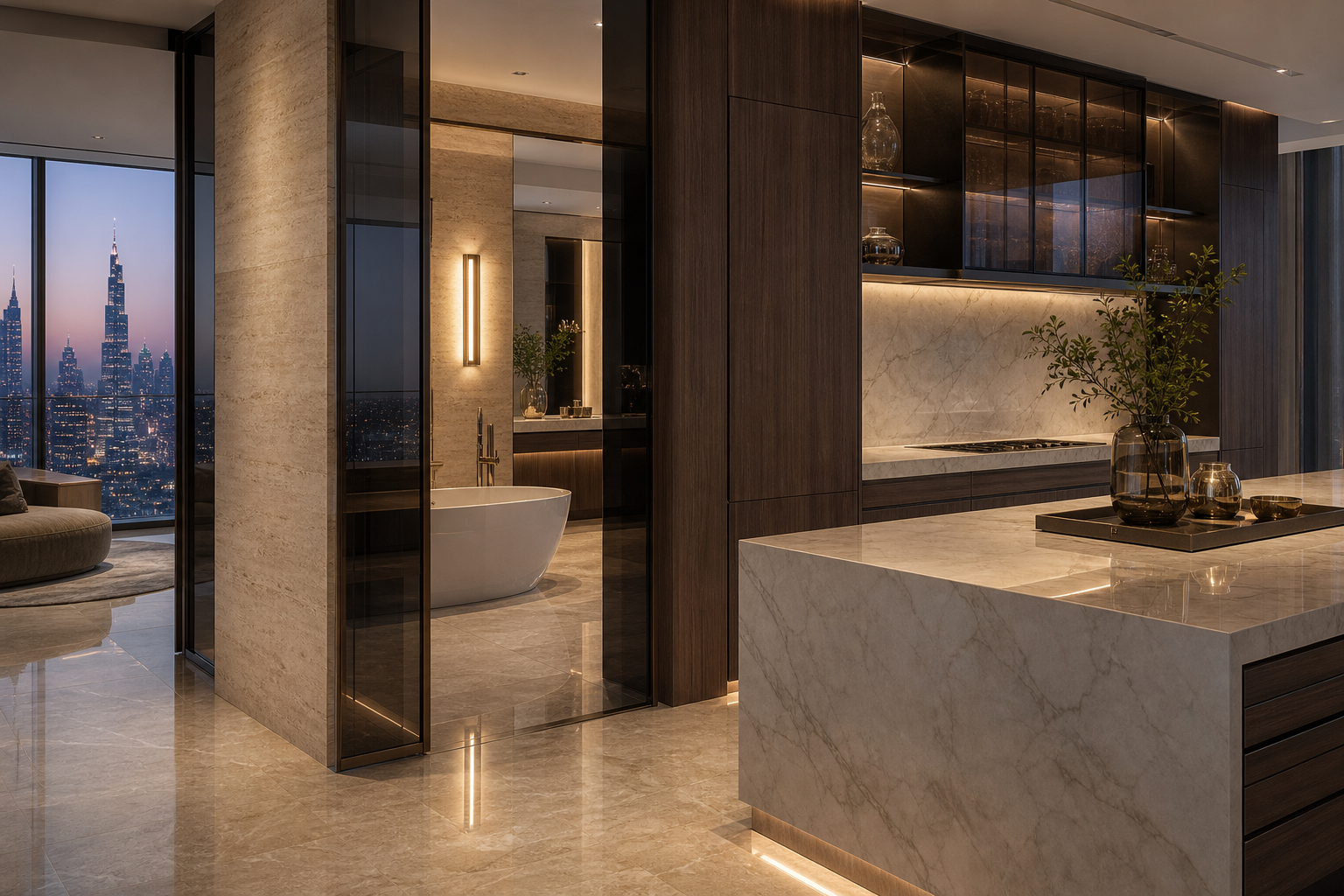 Fadior Dubai 180 sqm Kitchen Bath Penthouse — Study — Dubai penthouse finish study with marble island, walnut cabinet face,