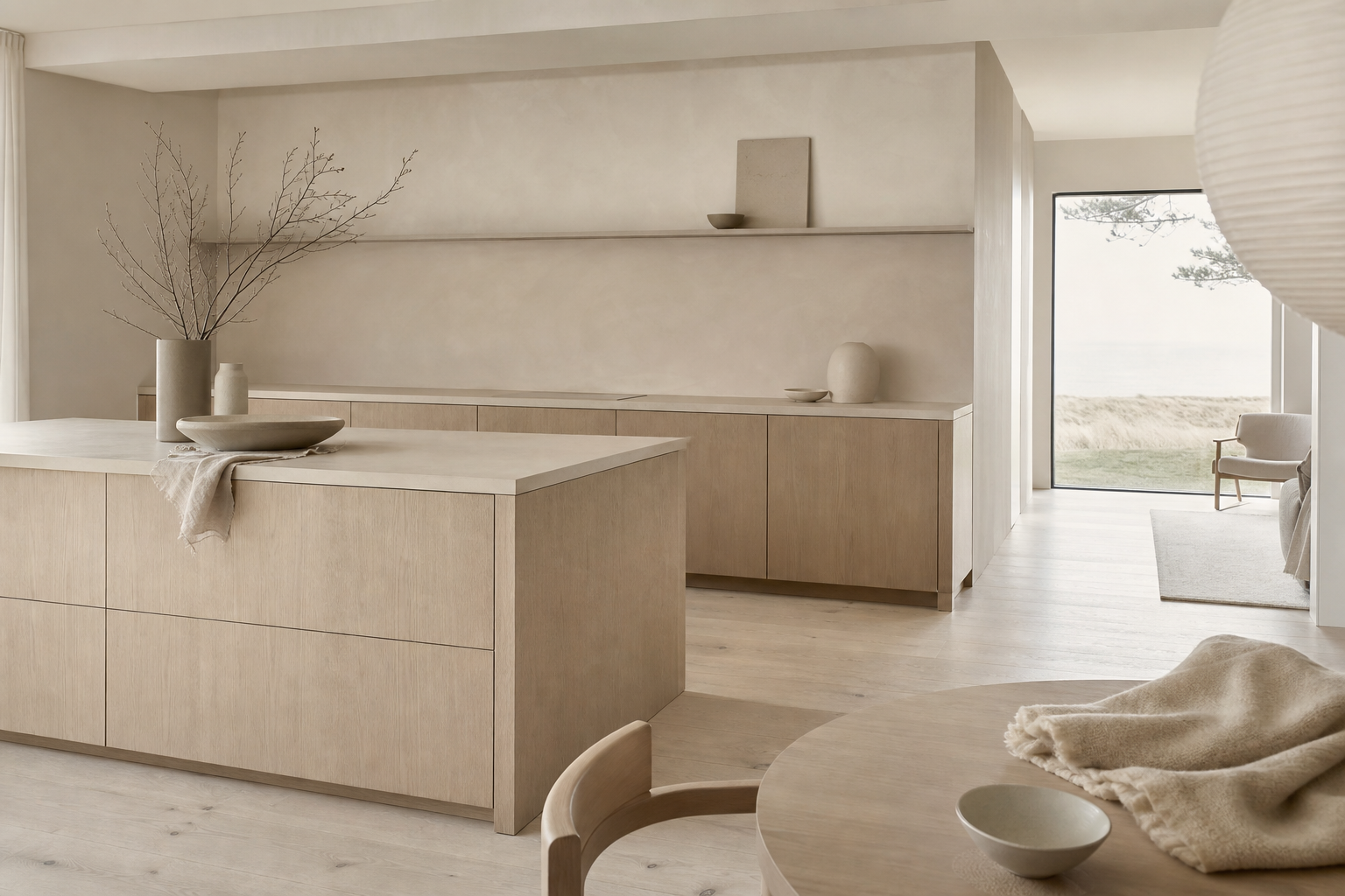 Kitchen material study with oak veneer, flax linen tones, and soft daylight for subtraction choices.