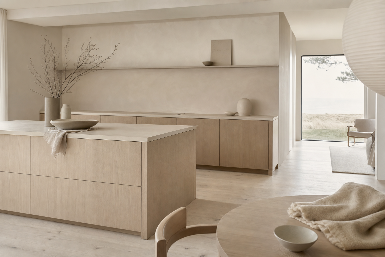 Kitchen material study with oak veneer, flax linen tones, and soft daylight for subtraction choices.