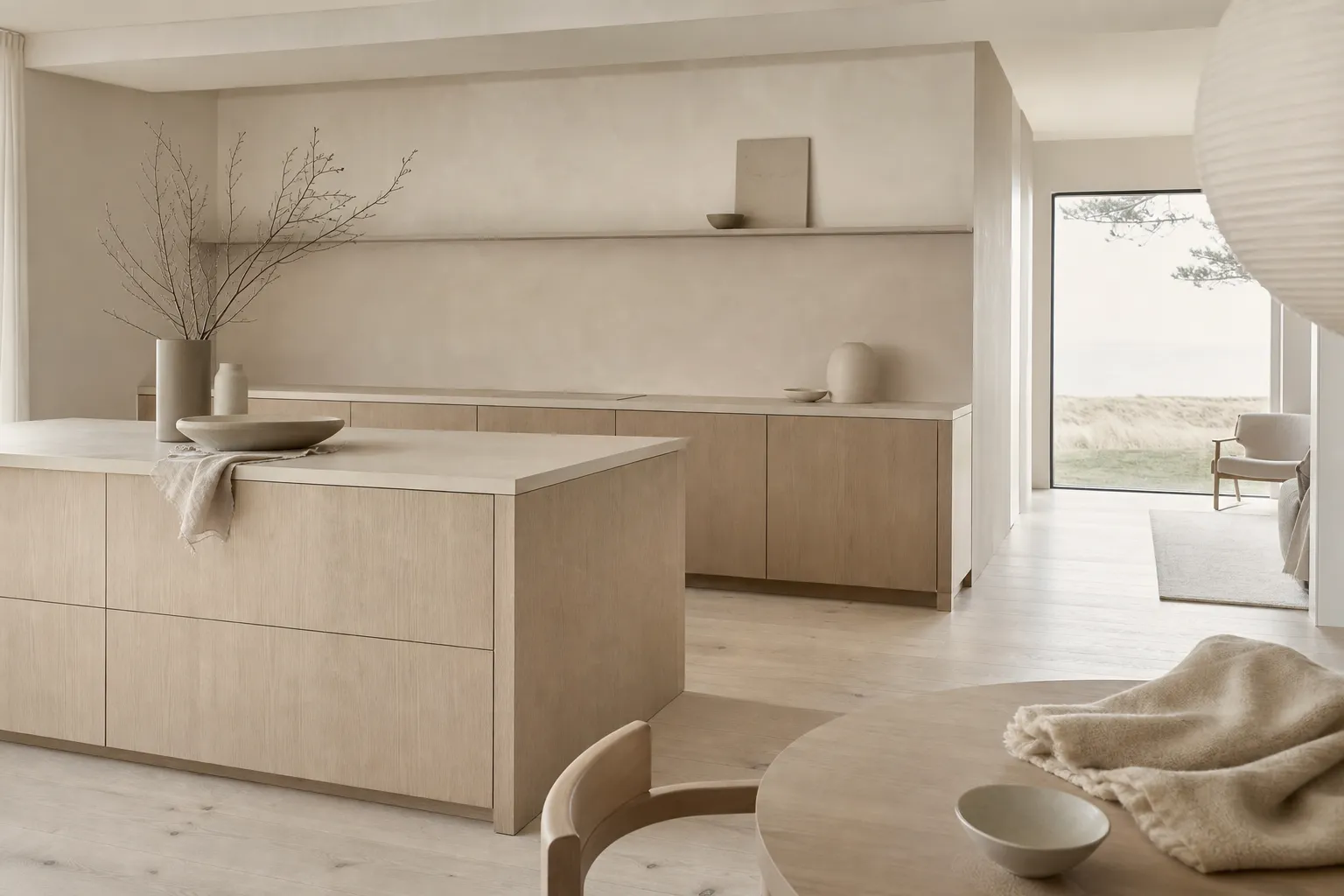 Kitchen material study with oak veneer, flax linen tones, and soft daylight for subtraction choices.