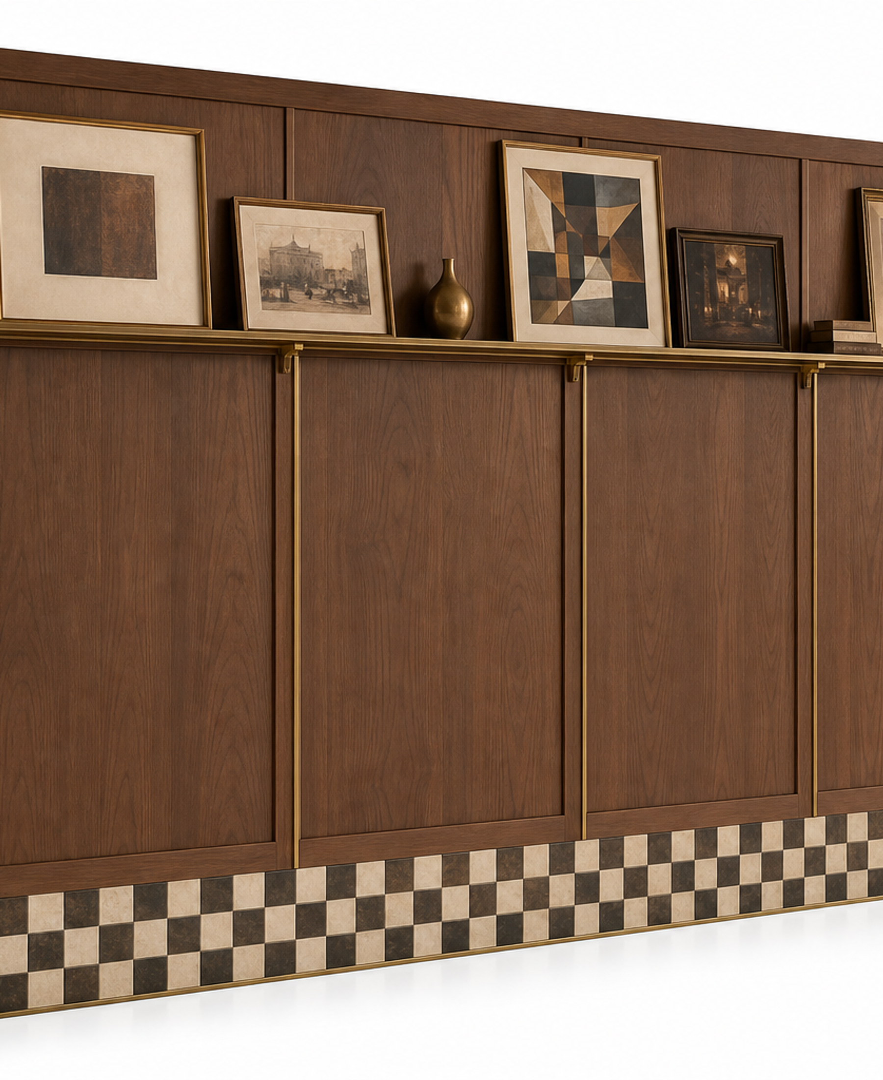 Fadior Terrazzo Wall Panel Suite with Aged Brass Picture Rail — 304 stainless steel wall panel system, front view