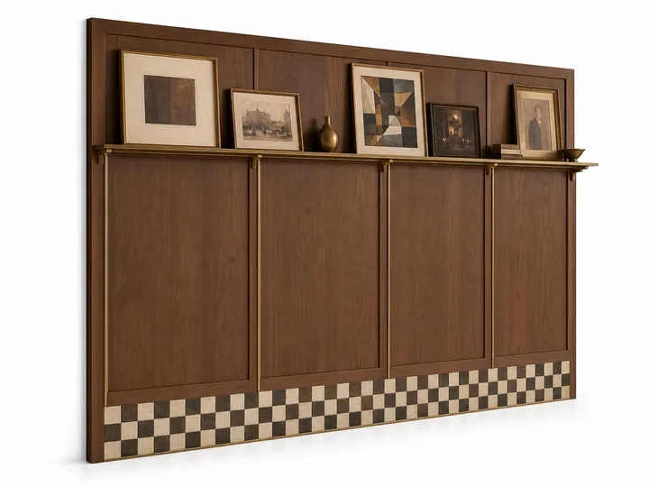 Fadior Terrazzo Wall Panel Suite with Aged Brass Picture Rail — 304 stainless steel wall panel system, front view