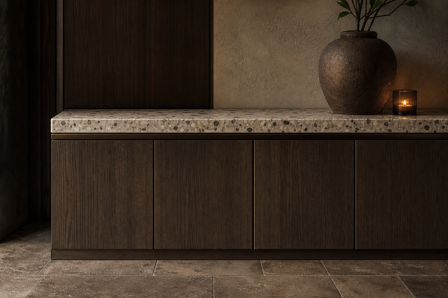Fadior Ecliptic Terrazzo Bench Pivot Locker — close-up of stainless steel finish and hardware detail