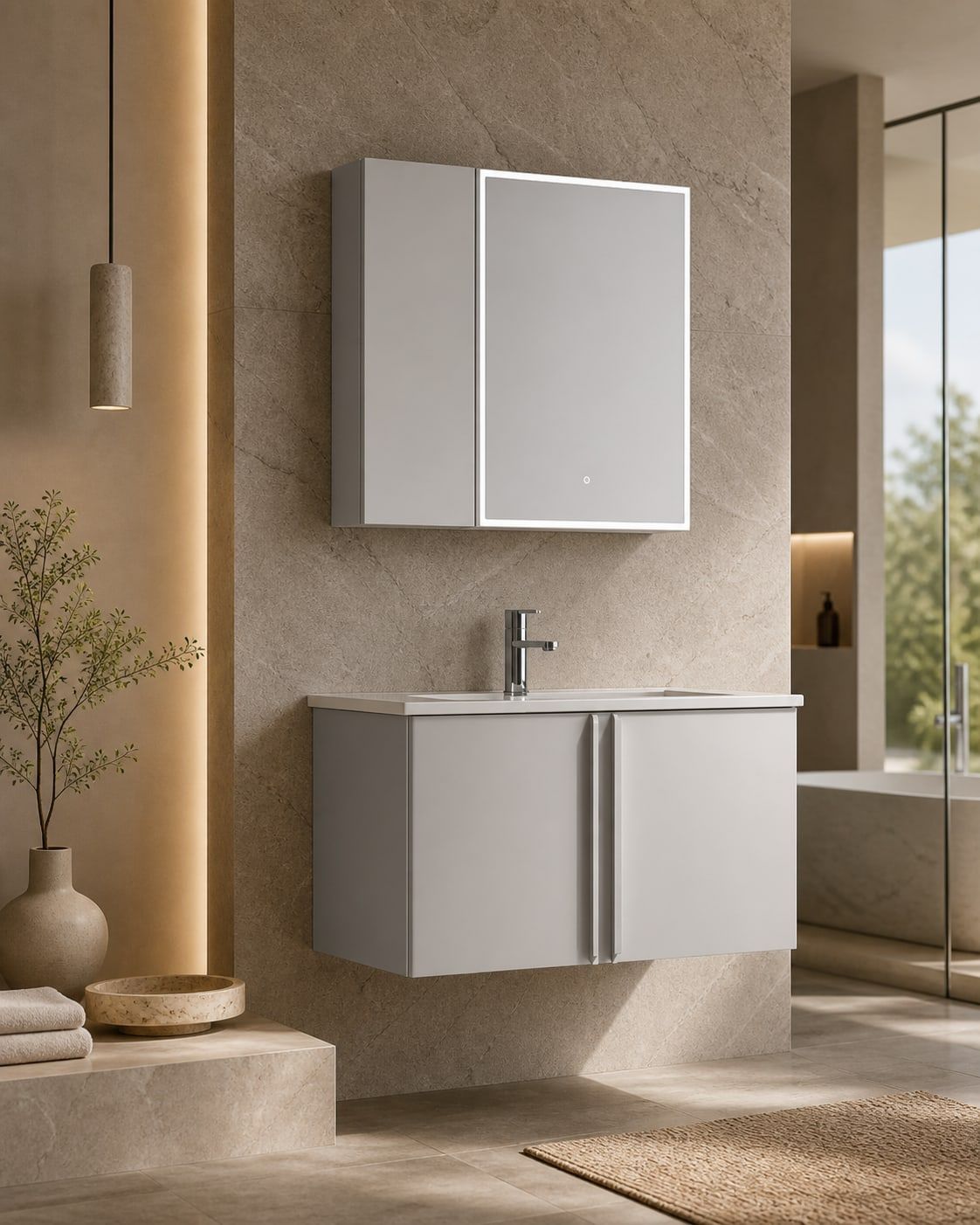 Bathroom Vanity Cabinet (BV-012) styled in a FADIOR HOME interior setting