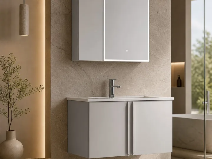 Mueble de baño con lavabo, puerta de metal y espejo inteligente 900×491×470 mm
