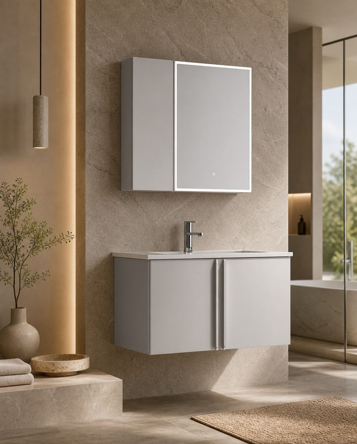 Bathroom Vanity Cabinet (BV-012) styled in a FADIOR HOME interior setting