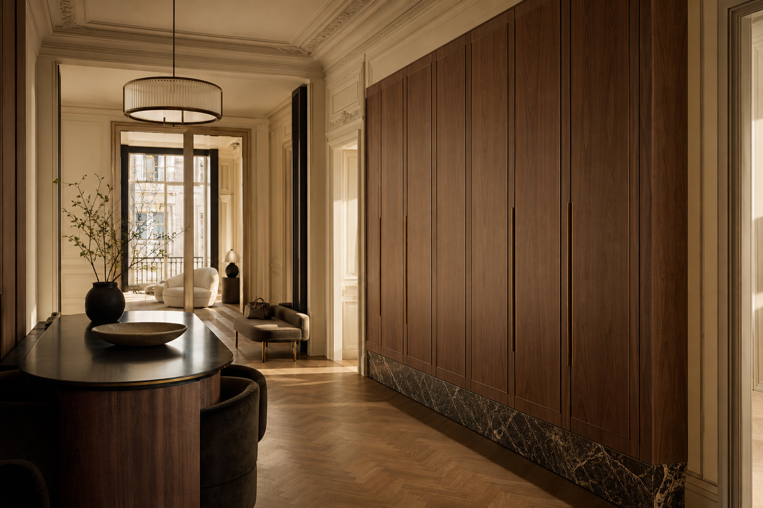 Fadior Voyage Wardrobe Suite with Resort Linen Arrival Wall — interior room context showing cabinet integration