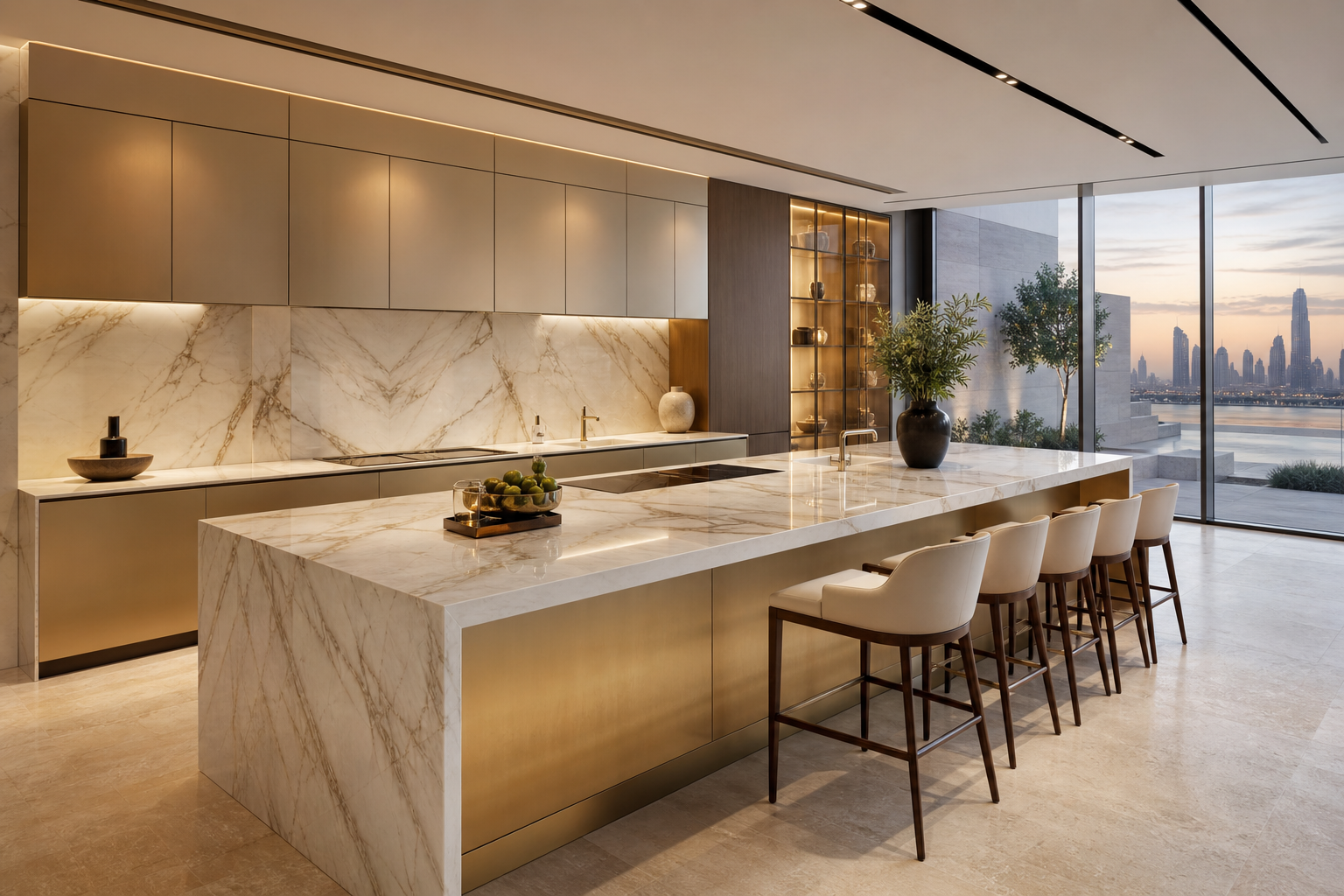 Fadior Abu Dhabi Garden Courtyard Villa — long marble island, champagne cabinet wall, glass display, plant, skyline window