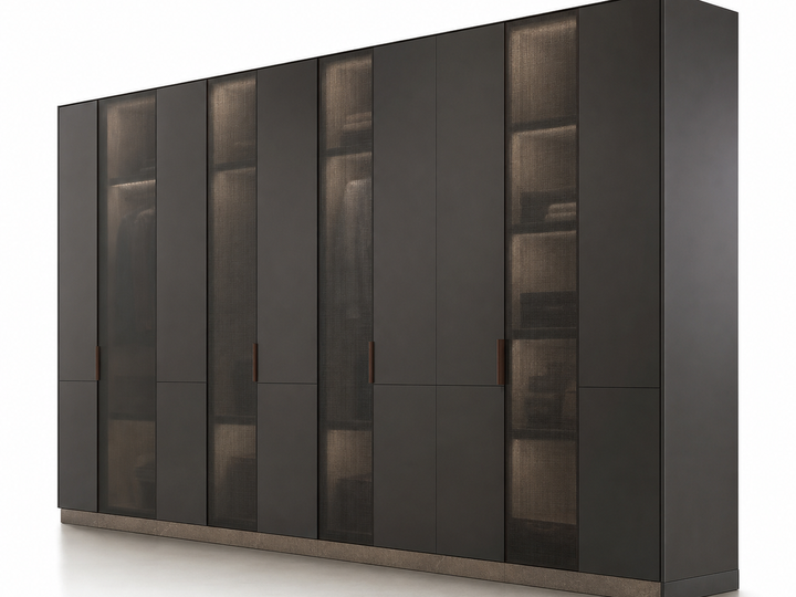 Fadior Onyx Wardrobe Suite with Smoked Oak Wardrobe Cloister — 304 stainless steel wardrobe system, front view