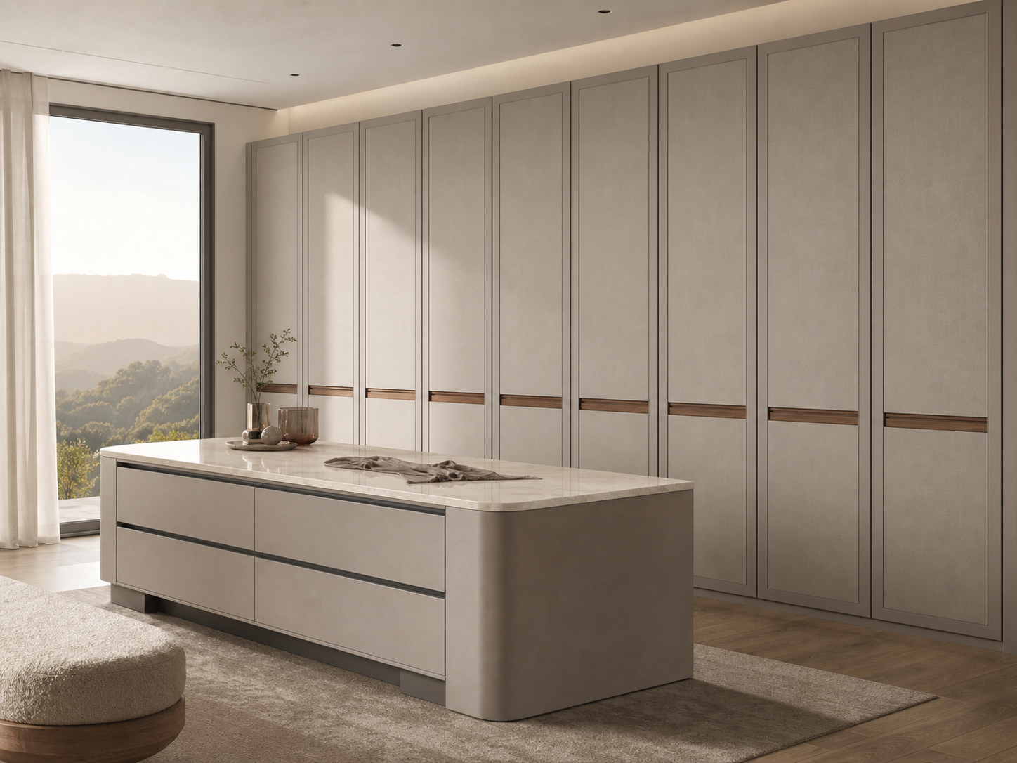 Fadior Radiance Wardrobe Suite with Quartz Dressing Island Wall — interior room context showing cabinet integration