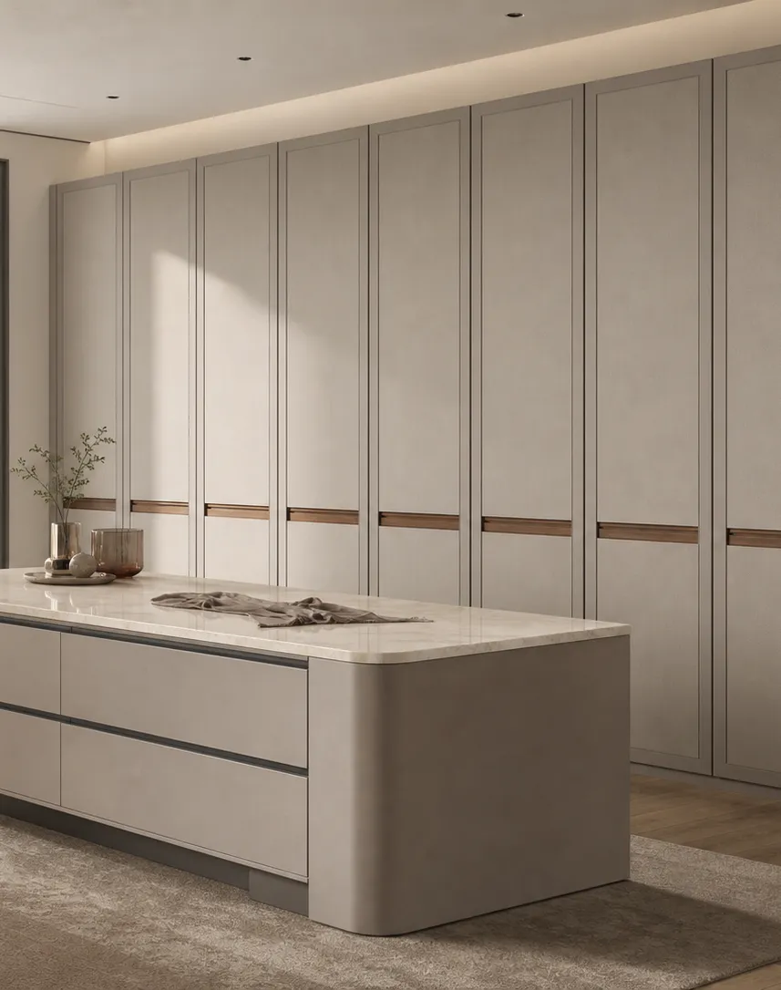 Suite de Vestidor Radiance con Isla de Cuarzo para Pared de Vestidor perspectiva interior