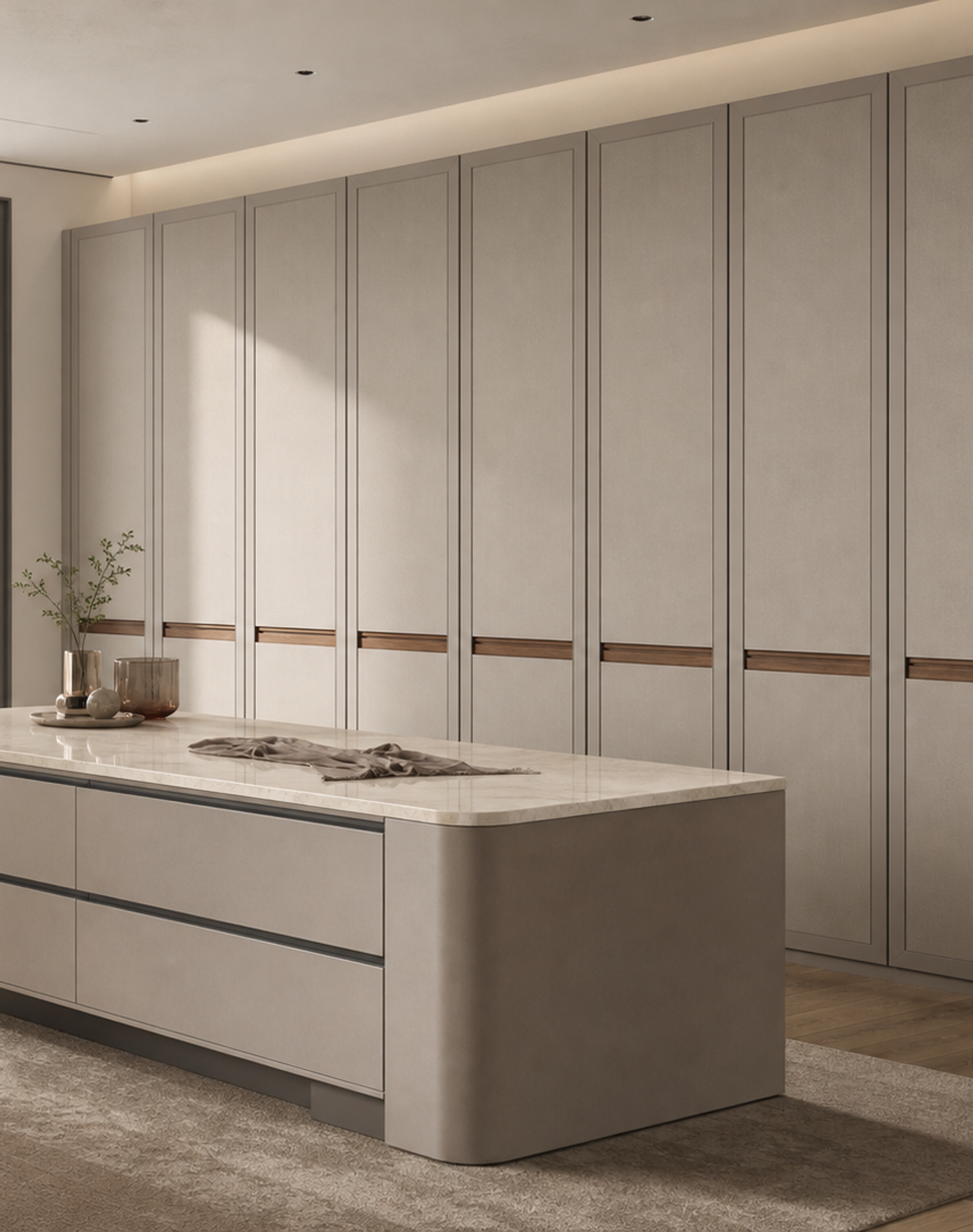 Fadior Radiance Wardrobe Suite with Quartz Dressing Island Wall — interior room context showing cabinet integration