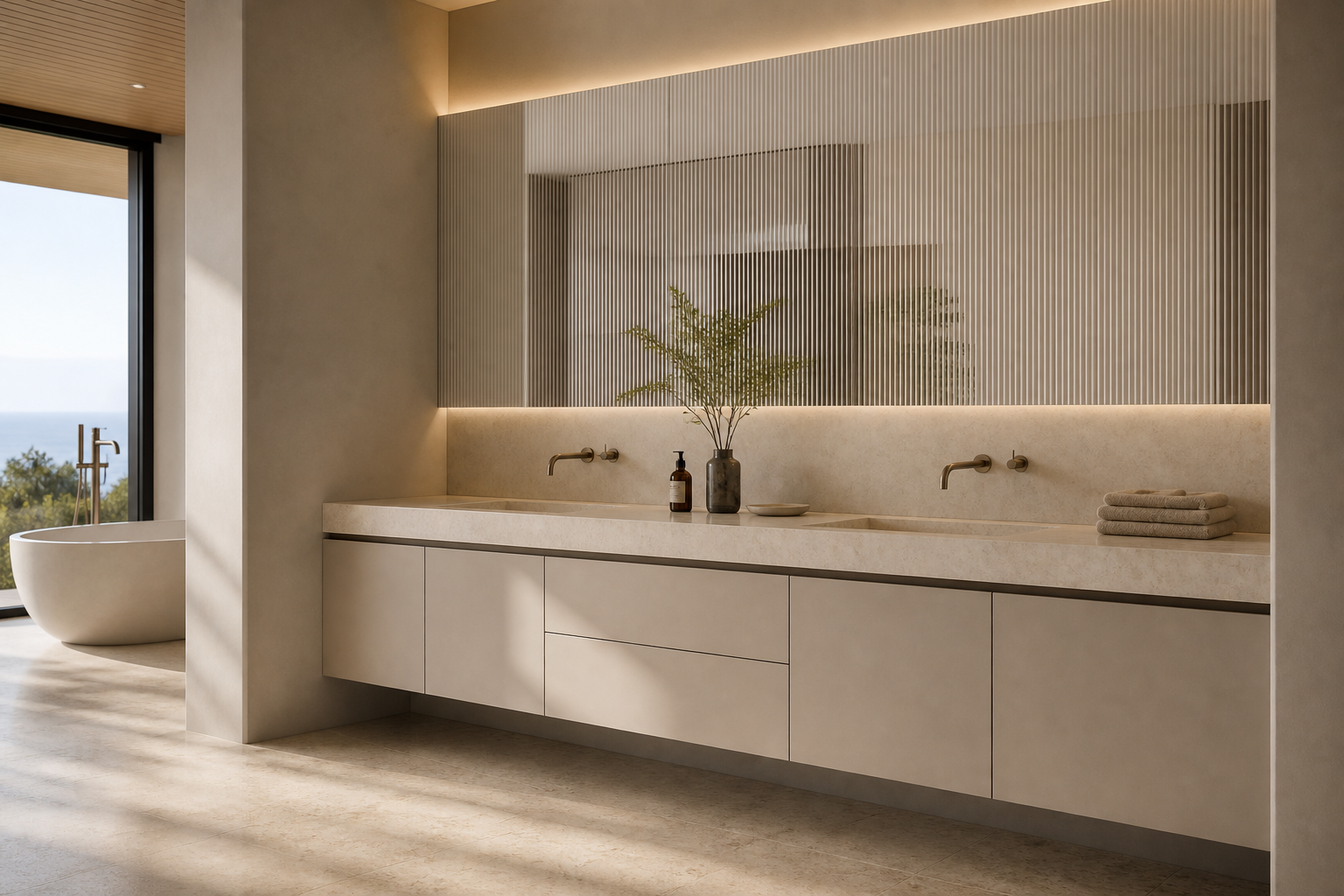 Fadior Voyage Bath and Vanity Suite with Fluted Mirror Ribbon — lifestyle setting with natural light and residential styling
