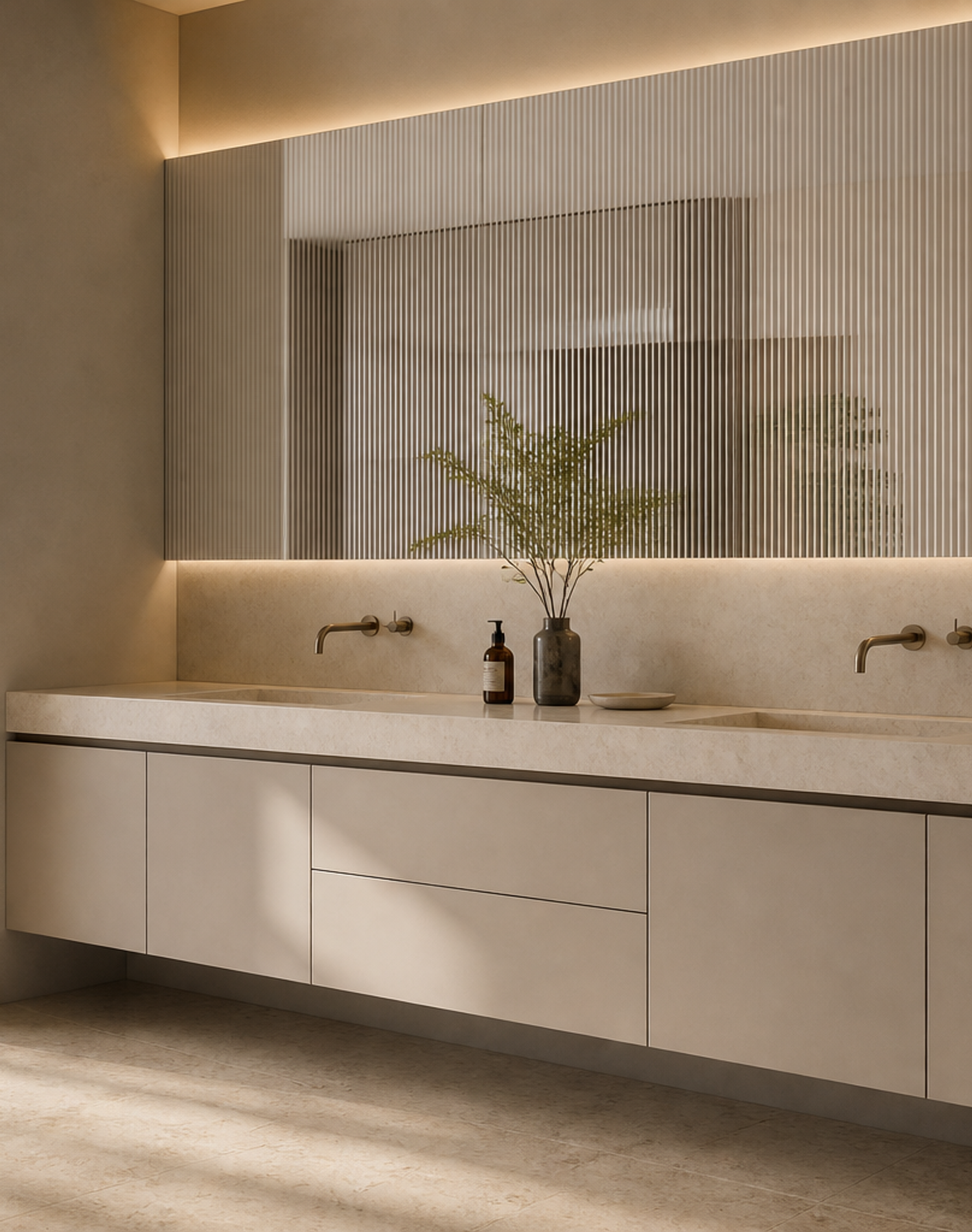 Fadior Voyage Bath and Vanity Suite with Fluted Mirror Ribbon — lifestyle setting with natural light and residential styling