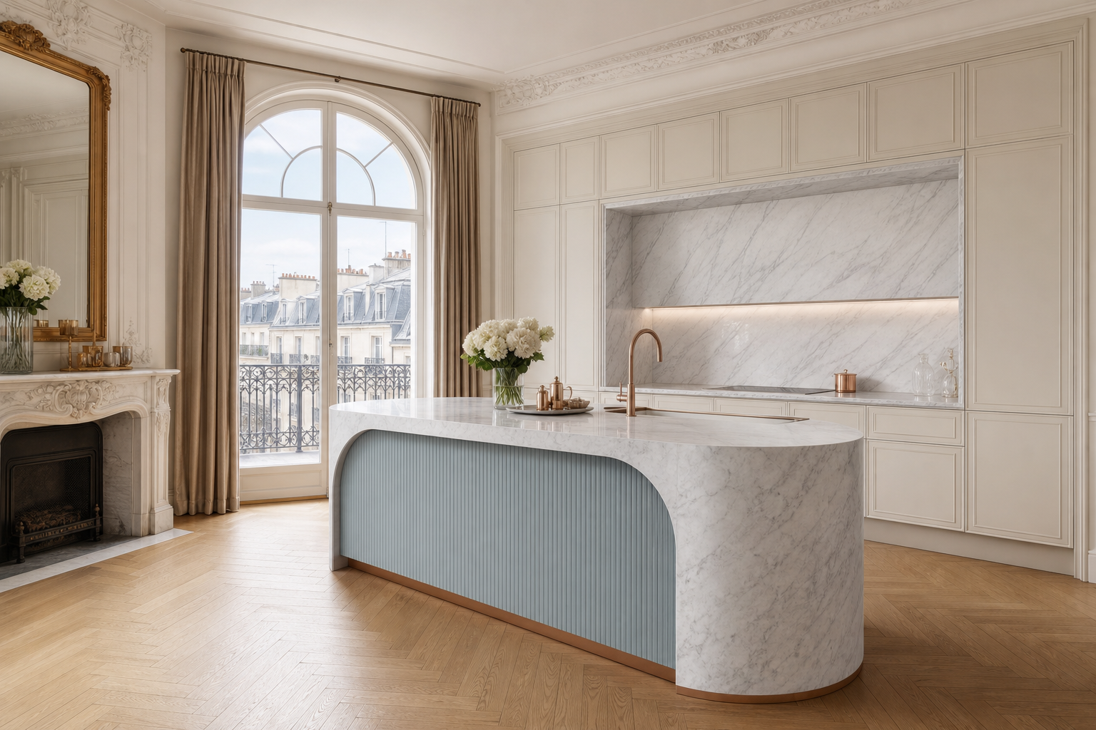 Fadior Riviera Kitchen Suite with Arched Coastal Prep Island — 304 stainless steel kitchen system, front view