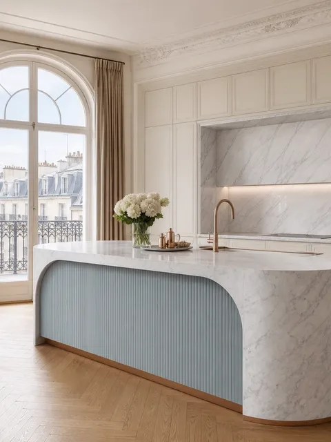 Suite de Cocina Riviera con Isla de Preparación Arqueada Costera
