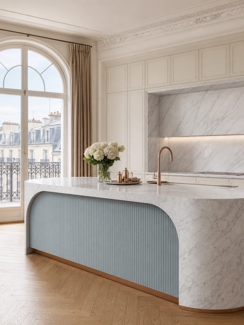 Fadior Riviera Kitchen Suite with Arched Coastal Prep Island — 304 stainless steel kitchen system, front view