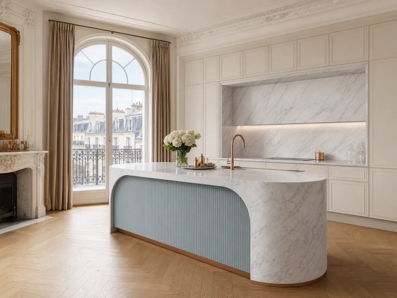 Fadior Riviera Kitchen Suite with Arched Coastal Prep Island — 304 stainless steel kitchen system, front view