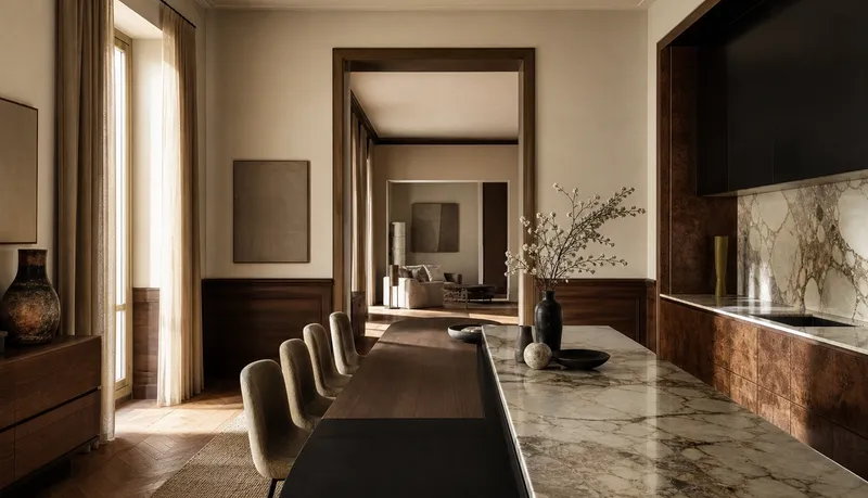 Milan kitchen atmosphere with walnut boiserie, marble island, and layered material truth context. — 304 stainless steel cabinetry editorial by Fadior